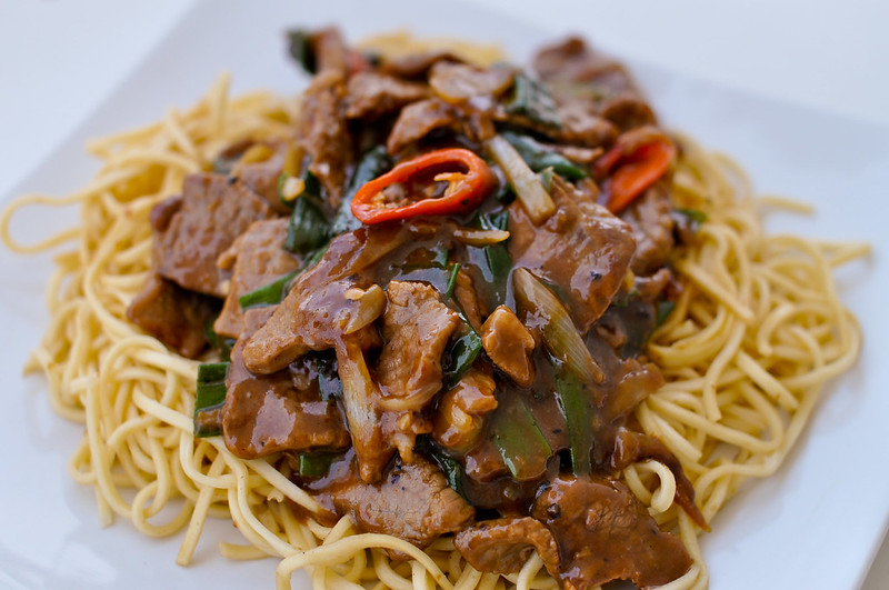 Homemade mongolian beef on noodles