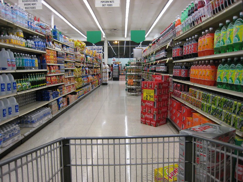 Looking down an aisle in a supermarket